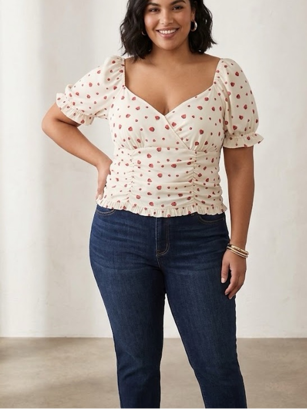 No Frills White Strawberry Print Puff Sleeve Crop Top 3X✨